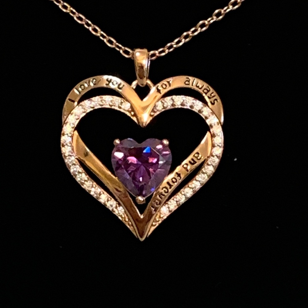 Rose Gold Heart Pendant Necklace with Purple Gemstone